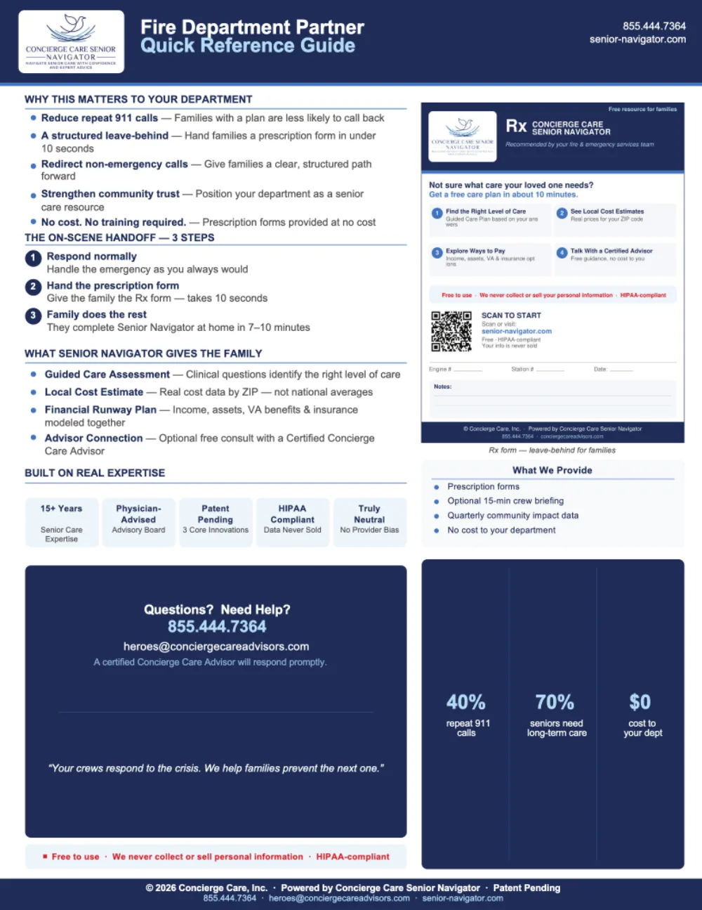 Preview of the Concierge Care Senior Navigator Quick Reference Guide for fire departments