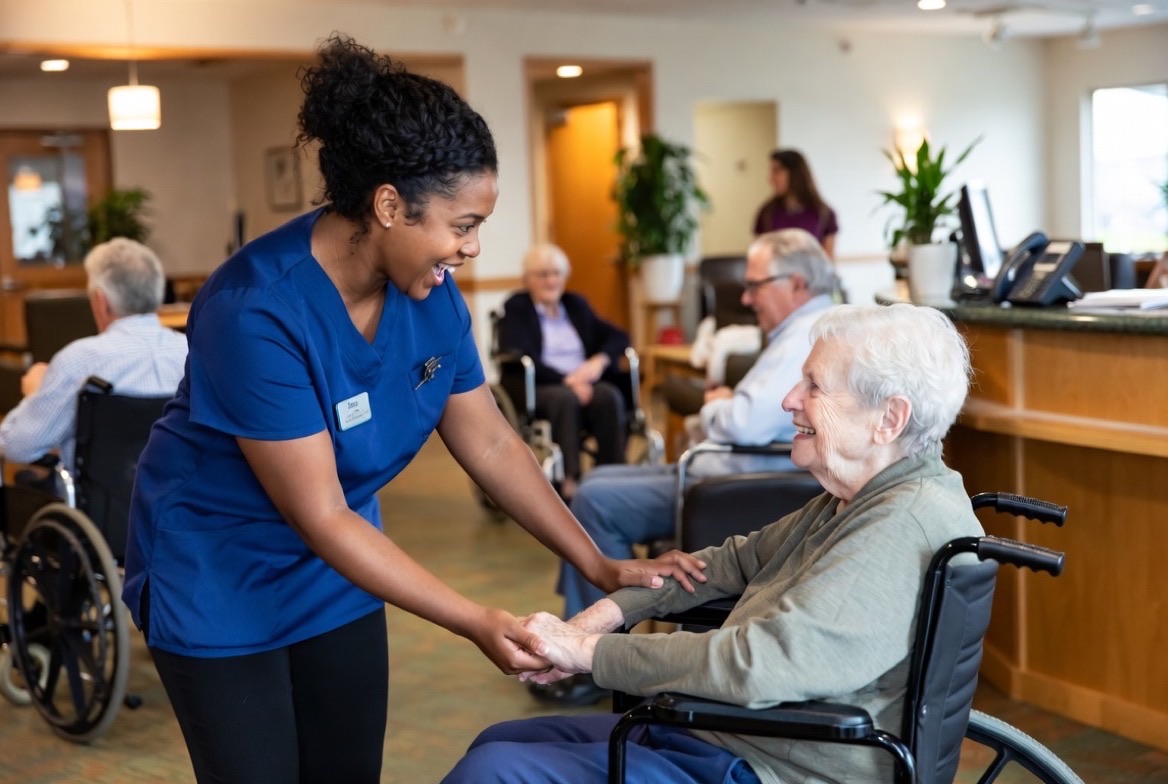Senior resident and care staff in an assisted living community common area