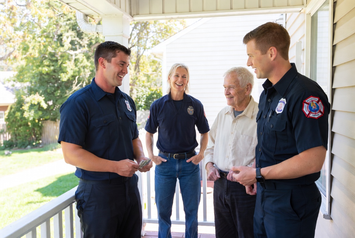 Firefighters speaking with a family on a residential porch