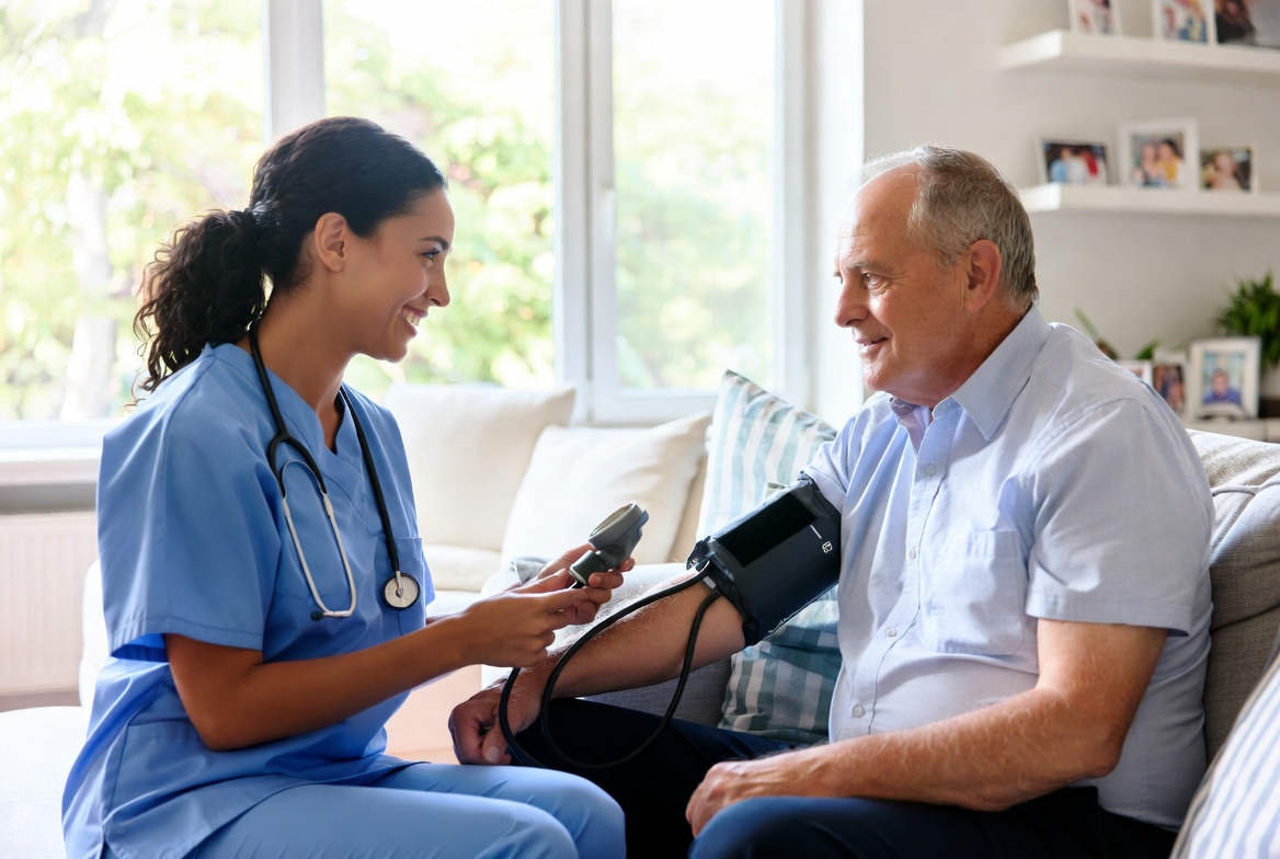 Home health nurse providing care to a senior in her living room