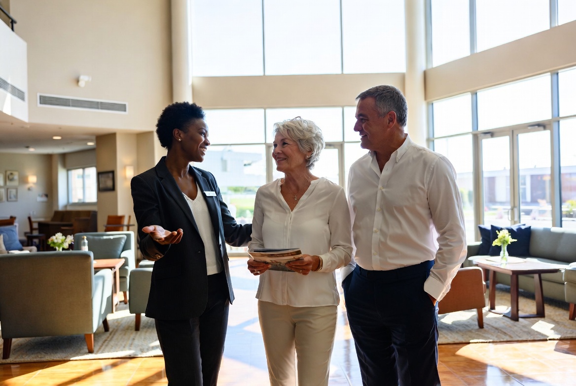 Advisor touring an assisted living community with a couple