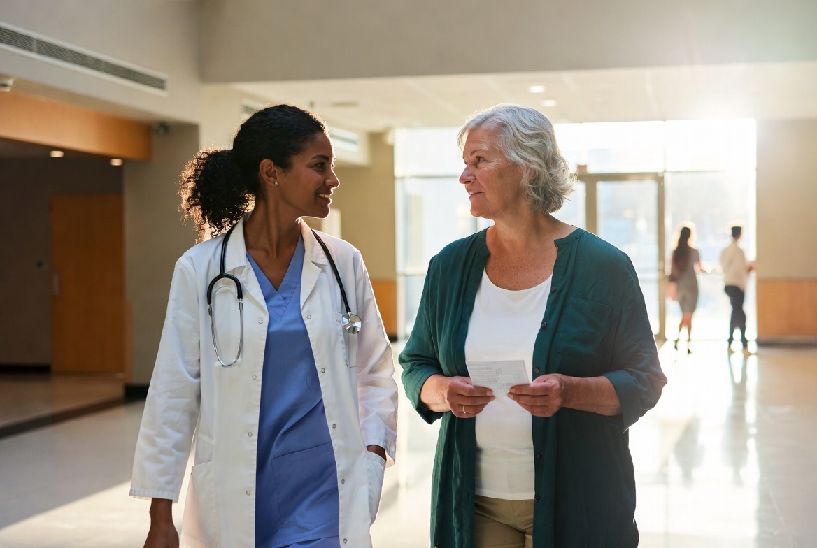 Discharge planner handing a resource card to a family member